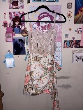 Floral Lace Mini Dress in Cream and Pink